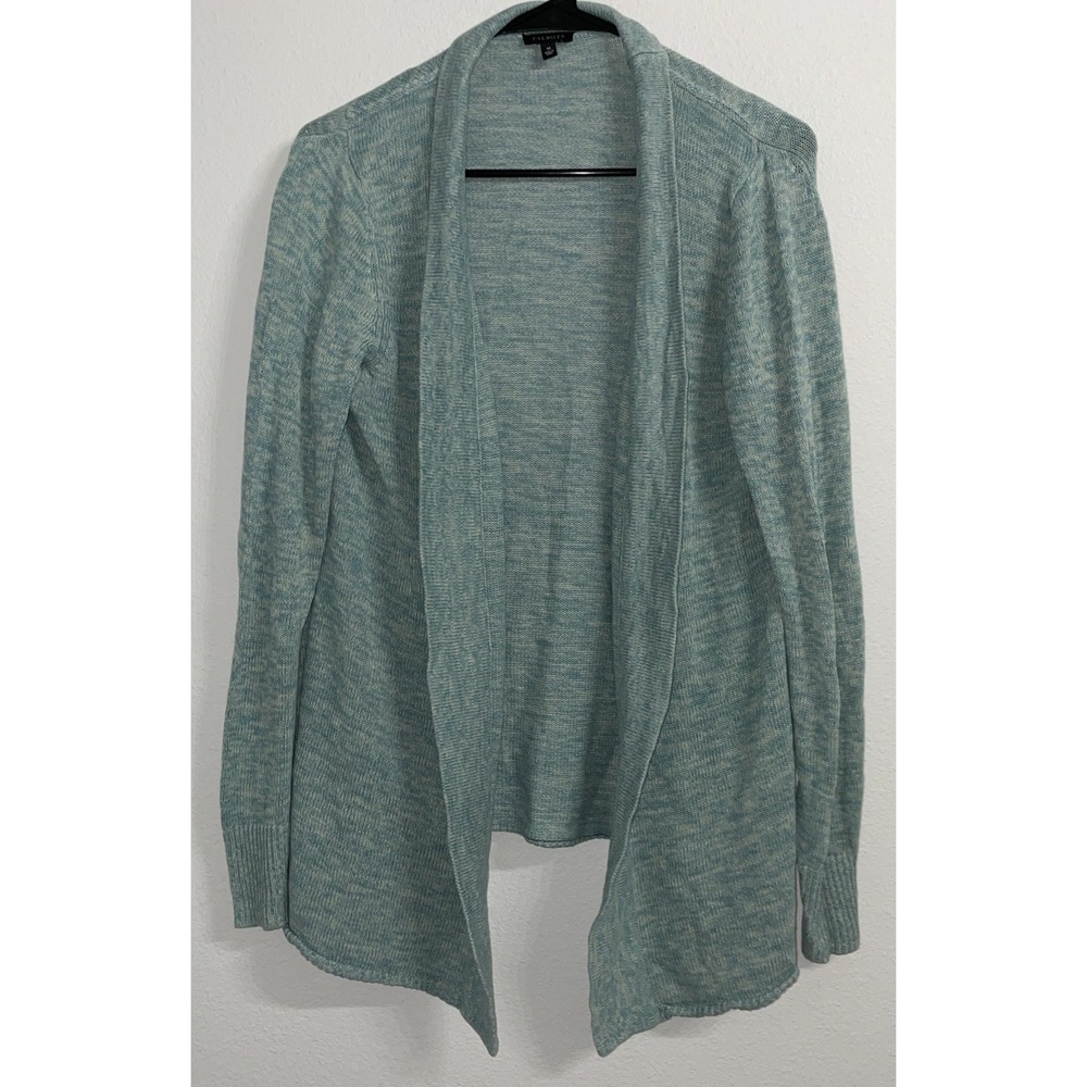 Talbots Linen Blend Long Cardigan Sweater M Open Knit Front-Green‎